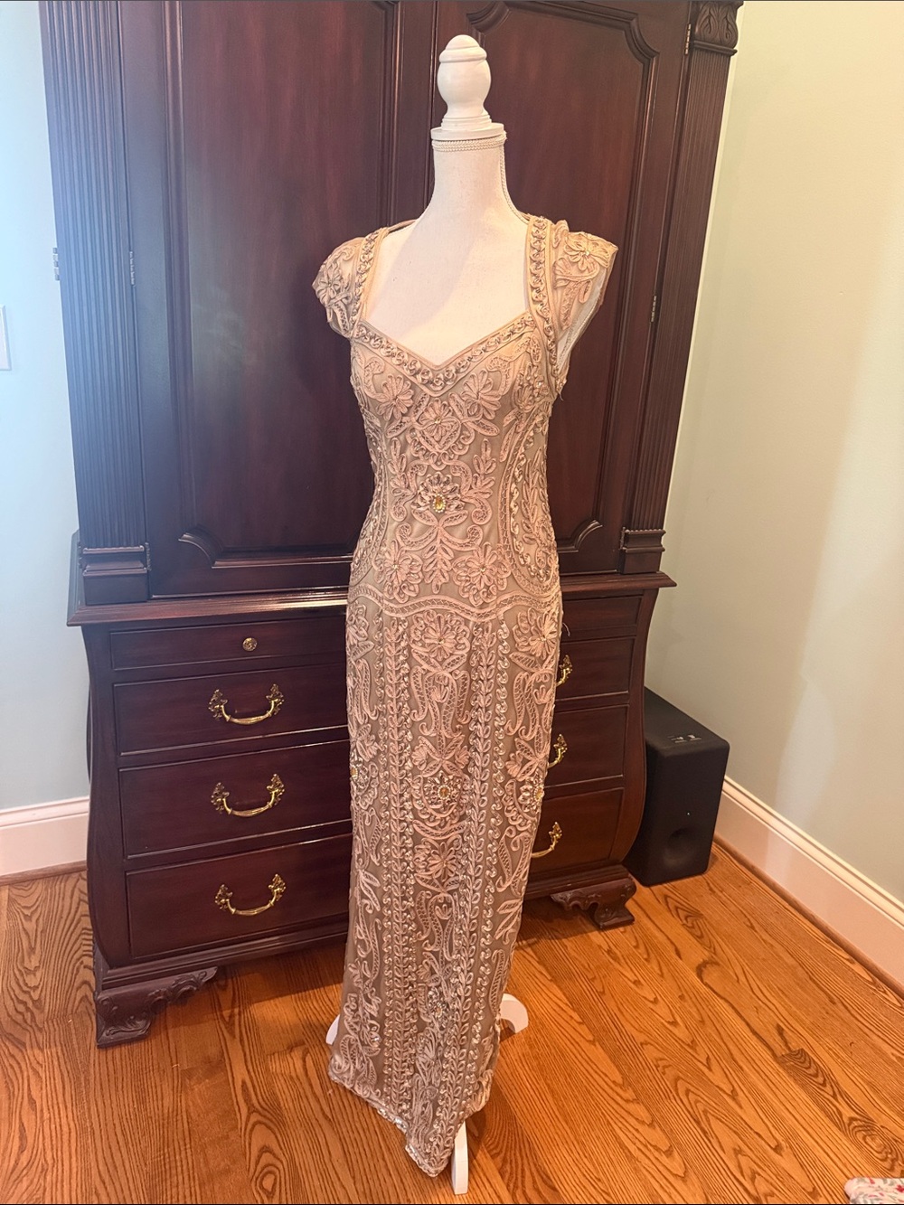 Beaded Cap-Sleeve Evening Gown in Nude
